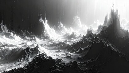 Dramatic black and white abstract landscape with jagged peaks and flowing textures, resembling stormy waves or digital mountains, high contrast art.
