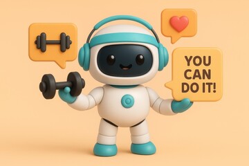 Fototapeta premium Cartoon robot is holding a dumbbell and a sign that says 
