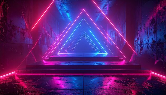 Vibrant neon light abstract background with glowing pink and blue triangles creating a futuristic stage in a dark cyber tunnel.