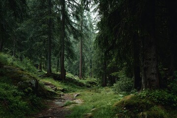 Obraz premium Exploring the serene dark green forest landscape filled with majestic trees and vibrant undergrowth during a calm afternoon