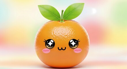 Charming and Imaginative Digital Artwork Depicting a Cute Anthropomorphized Orange with Expressive Features and Lush Foliage, Capturing the Playful Spirit of Kawaii Design