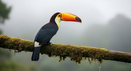 A vibrant toucan perched on a mossy branch in a misty tropical environment nature scene
