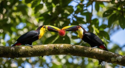 Two channel-billed toucans delicately sharing a rambutan fruit on a mossy branch showcasing