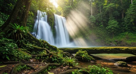 Majestic waterfall cascades through lush jungle foliage creating a tranquil scene of unspoiled