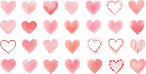A Collection Of Diverse Pink And Red Watercolor Heart Illustrations With Varied Textures And Outlines On A Transparent Background Transparent Background Love