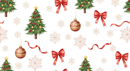 Whimsical Christmas Pattern Featuring Decorated Evergreen Trees Red Bows Snowflakes And Ornate Baubles On A Transparent Background Holiday Winter Festive Decoration