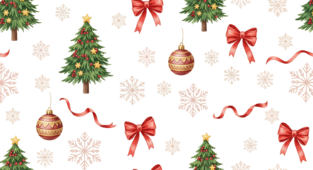 Whimsical Christmas Pattern Featuring Decorated Evergreen Trees Red Bows Snowflakes And Ornate Baubles On A Transparent Background Holiday Winter Festive Decoration