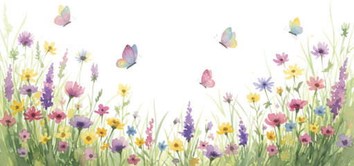 A watercolor illustration depicts a meadow filled with colorful wildflowers and green grass with several delicate butterflies fluttering around nature