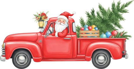 A smiling Santa Claus drives a red vintage pickup truck laden with a Christmas tree and festive ornaments a lantern with berries adorning the hood Red Truck