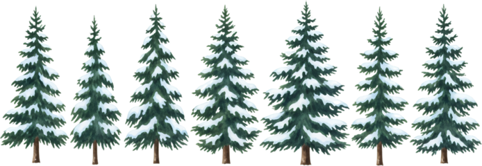 A Row Of Seven Evergreen Pine Trees With Snow Dusting Their Branches Arranged Horizontally With A Transparent Background Winter Forest Nature Christmas Fir Outdoor