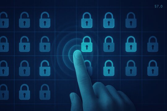 Finger selecting one glowing padlock icon from digital security grid 
 - Powered by Adobe