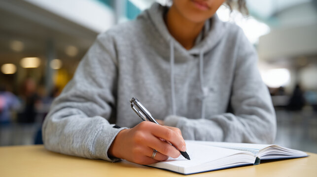 Teen writing notes in anxiety journal while in cafeteria, small notebook hidden anxiety coping, journaling, youth stress, school anxiety, coping habit, panic relief, hidden journal