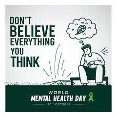Mental Health Awareness month Depression and upset man feeling sadness, mental health trouble, psychological issues vector illustration