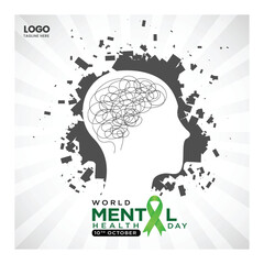 World Mental Health day, concept design with abstract human head profile and Green ribbon design Vector Illustration