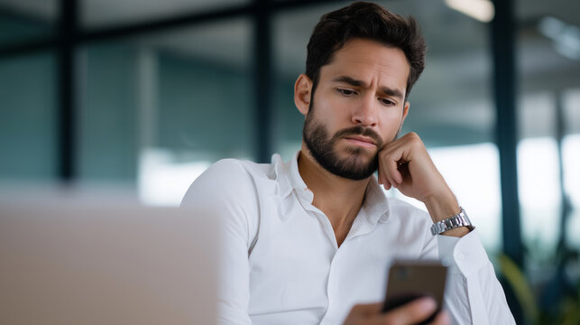 Man at work looking at vacation photos on social media, jealousy and stress FOMO, work stress, office worker, vacation envy, social pressure, digital stress, sadness, lifestyle fat