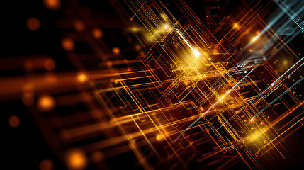 Abstract Network of Tech Lines in Gold and Blue, Futuristic Data Flow