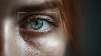 Advanced biometric eye scan identifies individual with futuristic digital interface overlay, showcasing cutting edge security and data analysis technology for modern identification needs.