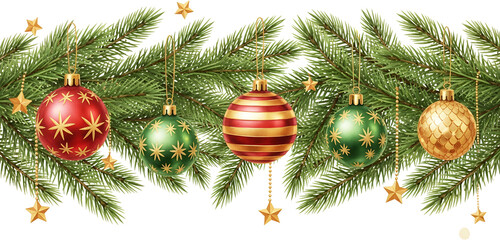 Green pine branches adorned with festive red green and gold spherical ornaments and star accents Christmas Decorations Holiday New Year Celebration Hanging