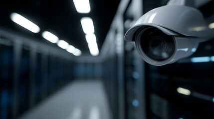 Empty futuristic data center with security camera and glowing racks, cyber protection concept secure server room, cybersecurity data center, glowing technology, IT infrastructure,