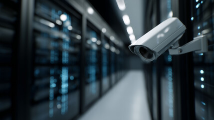 Empty futuristic data center with security camera and glowing racks, cyber protection concept secure server room, cybersecurity data center, glowing technology, IT infrastructure,
