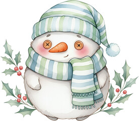 Watercolor snowman wearing a striped hat and scarf with button eyes and a carrot nose framed by holly branches and berries winter Christmas holiday festive