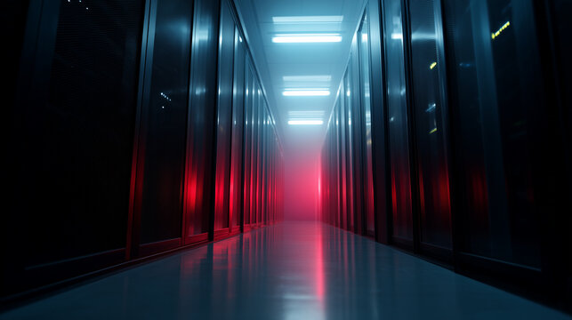 Server room corridor with glowing blue and red lights, futuristic cyberpunk aesthetic cyberpunk data center, glowing server racks, futuristic computing, IT technology, neon cyber s - Powered by Adobe
