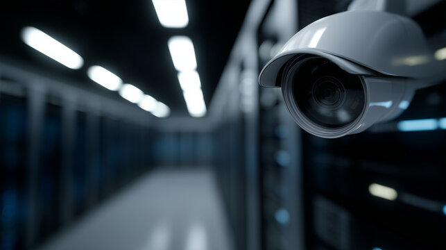 Empty futuristic data center with security camera and glowing racks, cyber protection concept secure server room, cybersecurity data center, glowing technology, IT infrastructure, - Powered by Adobe