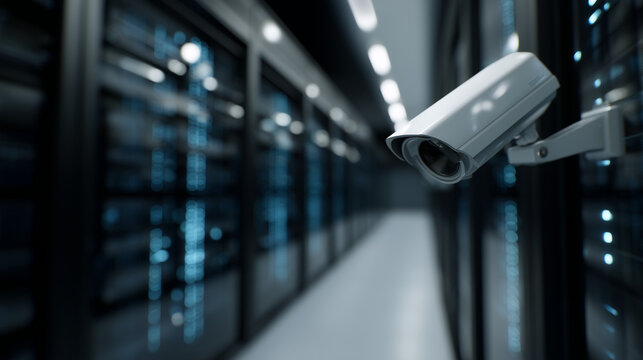 Empty futuristic data center with security camera and glowing racks, cyber protection concept secure server room, cybersecurity data center, glowing technology, IT infrastructure,