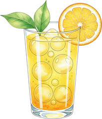 Refreshing yellow drink in a tall glass with ice cubes garnished with a fresh orange slice and green leaves Summer Beverage Citrus Drinkware Refreshment