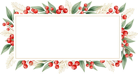 Festive red berries green leaves and gold sprigs arranged around a rectangular border creating an elegant natural frame Christmas Holiday Decoration Winter