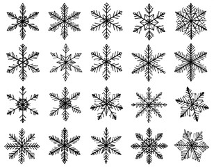 A collection of twelve unique, hand-drawn snowflake designs in a black and white style.