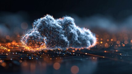 Dynamic digital cloud concept visualized with glowing neural network connections and vibrant energy particles, representing data transfer and advanced technology.