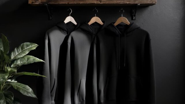 Three hoodies hang on wooden shelf, plant aside