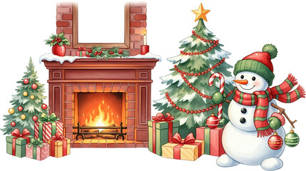 A cheerful snowman with a striped scarf and hat stands by a decorated Christmas tree a glowing fireplace with presents and another tree holiday winter