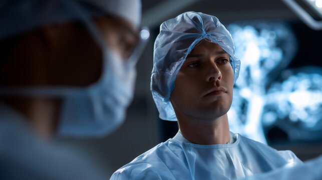 Neurosurgeons preparing for brain surgery using AI-powered medical visualization system, futuristic healthcare innovation AI in surgery, neurosurgeons, brain imaging, advanced diag