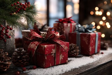Festive holiday decorations showcase beautifully wrapped gifts amidst pinecones and greenery