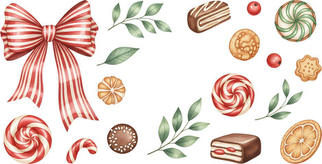 Red And White Striped Bow Candies Cookies Berries Leaves And Chocolate Confections Artfully Arranged On A Transparent Background Transparent Background Christmas