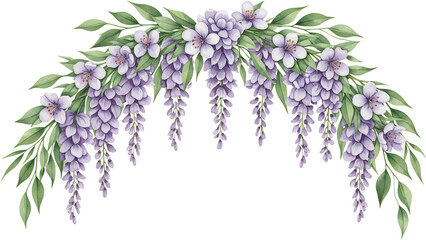 Watercolor floral archway featuring cascading purple wisteria blossoms and green leaves perfect for decorative elements flowers illustration hanging natural