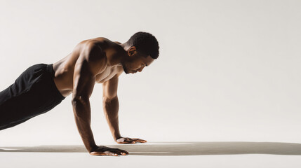 Young African male doing push-ups on white background. Copy space.