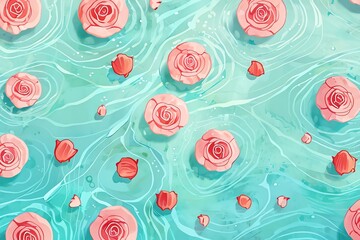 Fototapeta premium Pink roses and petals float on rippling turquoise water