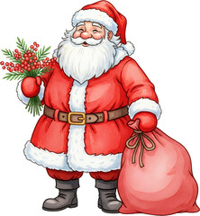 A cheerful Santa Claus wearing his iconic red suit and hat holding a festive holly berry bouquet and a large red gift sack Christmas Holiday Winter Holly berries