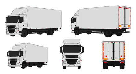 Detailed vector illustration of a white delivery trailer truck, presented from multiple angles, perfect for logistics, transportation, and commercial design projects.