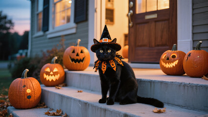 Black cat in witch hat with halloween pumpkins on porch steps at dusk.