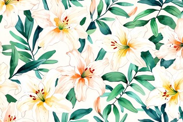 Obraz premium Watercolor lilies and green leaves on a cream background