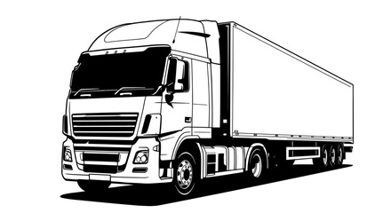 A detailed black and white vector illustration of a modern semi-trailer truck, showcasing its robust design for heavy cargo transport on an isolated white background.