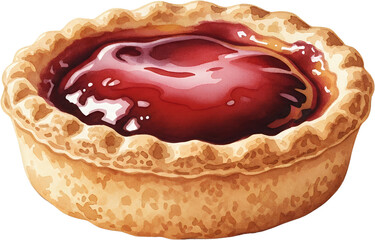 A close up watercolor illustration of a single round tart with a golden brown crimped crust filled generously with glistening deep red fruit jam pastry