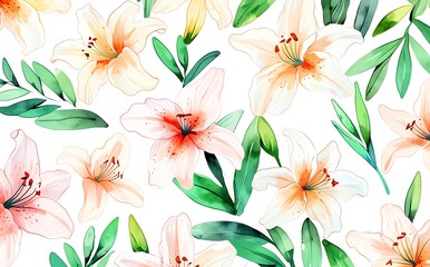 Watercolor lily pattern with green leaves on white background