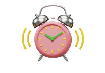 Isolated 3D rendering of a vibrant pink alarm clock ringing loudly with yellow sound waves and bright green hands a classic timepiece