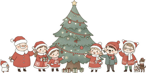Adorable cartoon children and Santa Claus standing near a decorated Christmas tree with presents and a dog holiday decoration kids family gifts joy festive