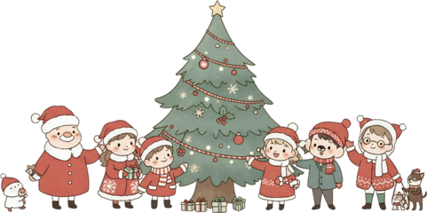 Adorable cartoon children and Santa Claus standing near a decorated Christmas tree with presents and a dog holiday decoration kids family gifts joy festive